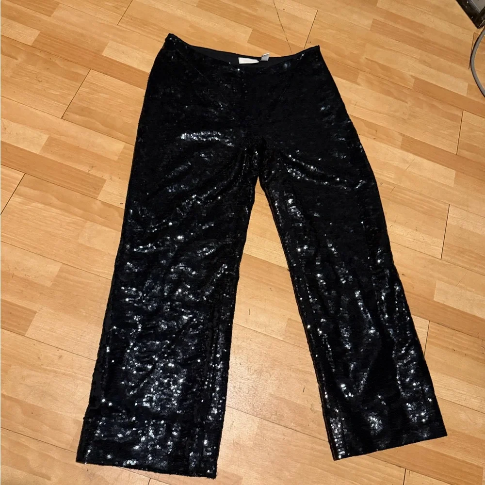 Chico's Black Sequin Wide Leg Pants sparkly evening Sz 1 embellished - Picture 2 of 7